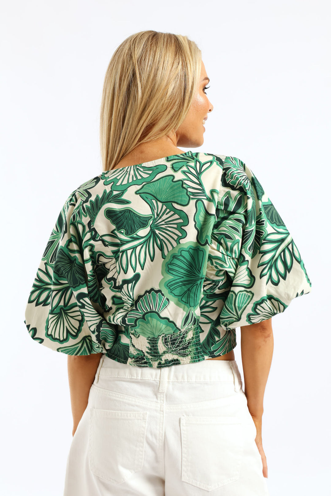 V-Neck Bubble Batwing Button Through Crop Top - Cream/Green