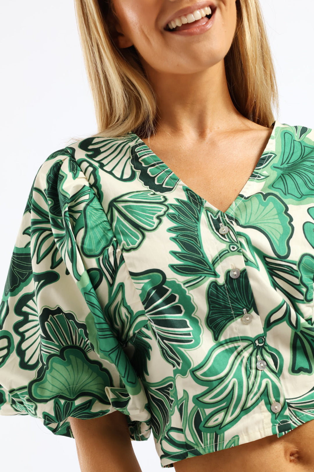 V-Neck Bubble Batwing Button Through Crop Top - Cream/Green