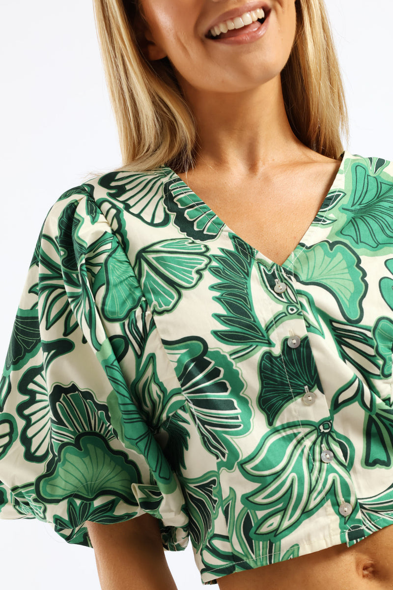 V-Neck Bubble Batwing Button Through Crop Top - Cream/Green