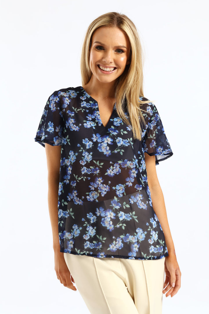 V-Neck Floral Blouse - Navy