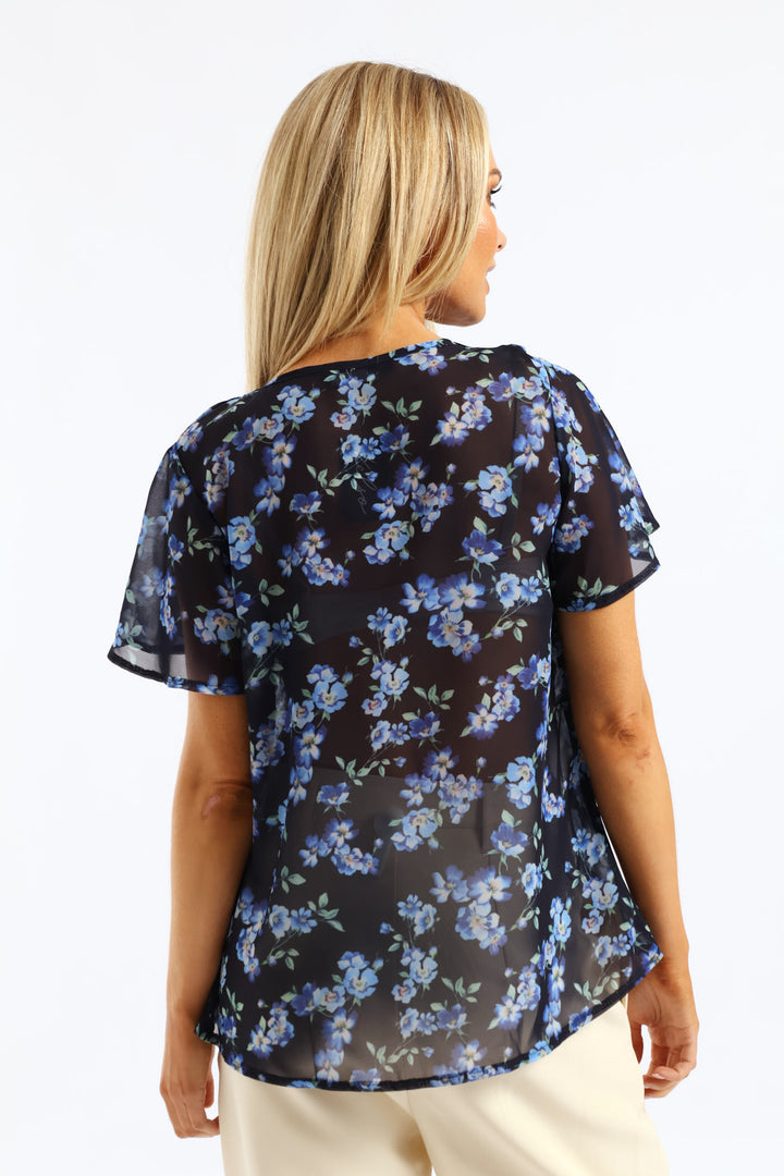 V-Neck Floral Blouse - Navy