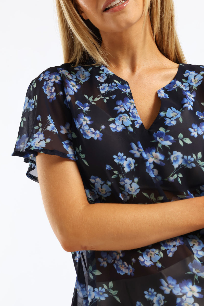V-Neck Floral Blouse - Navy