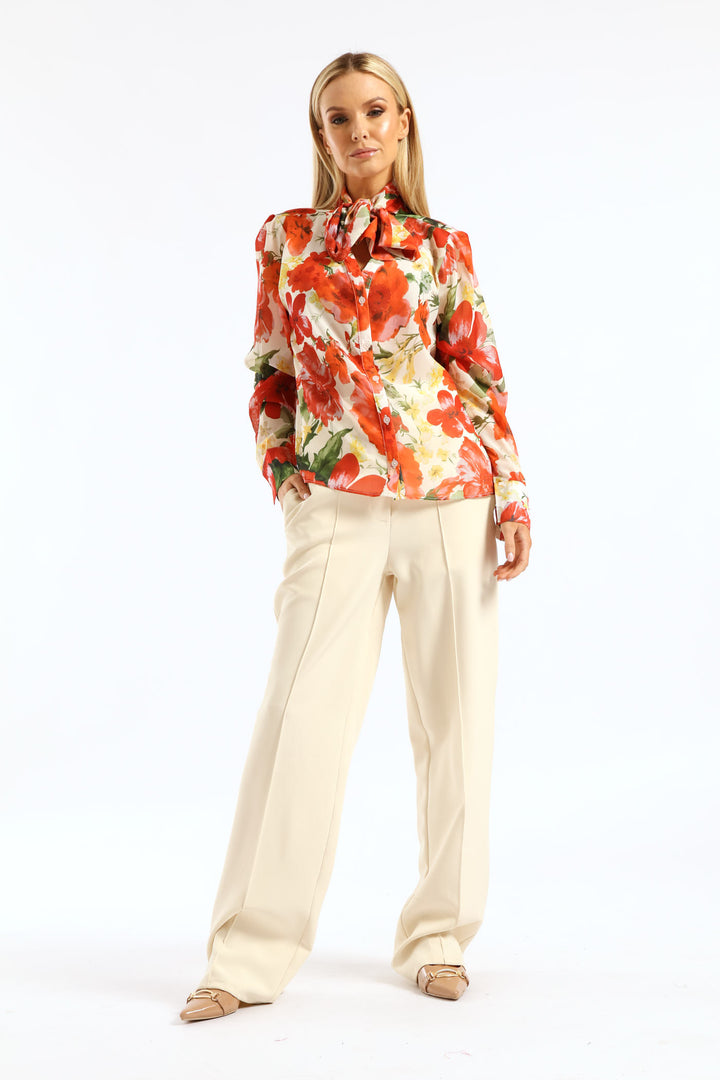 Kitty Bow Bold Floral Blouse - Cream