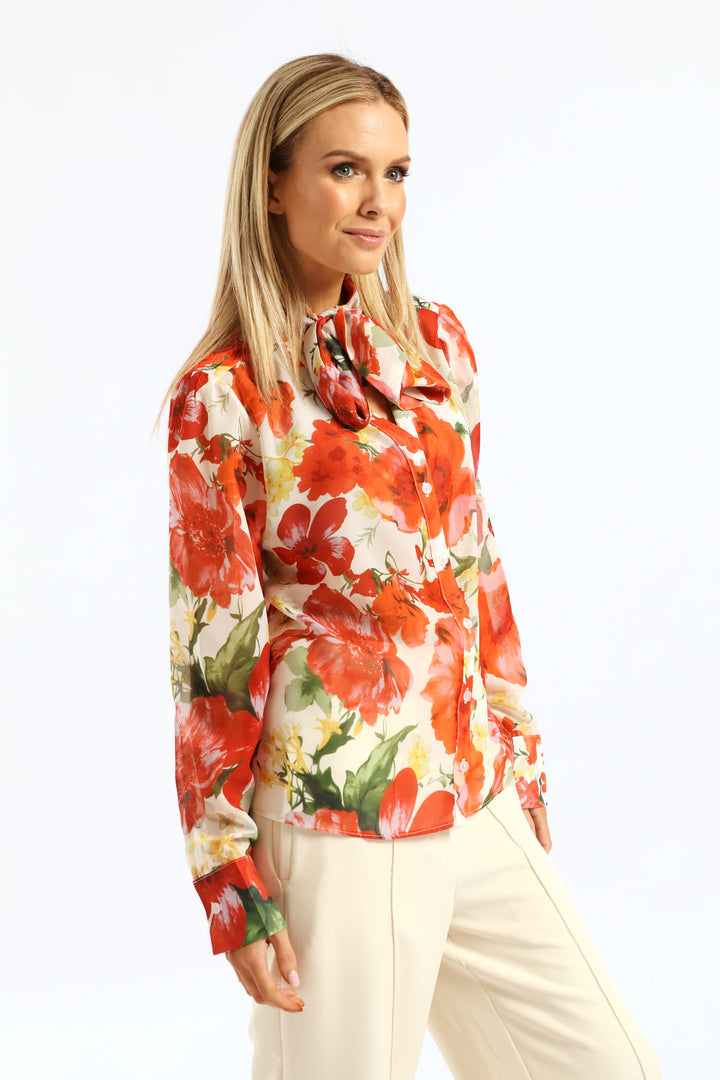 Kitty Bow Bold Floral Blouse - Cream