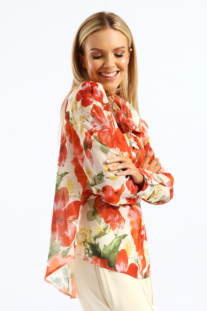 Kitty Bow Bold Floral Blouse - Cream