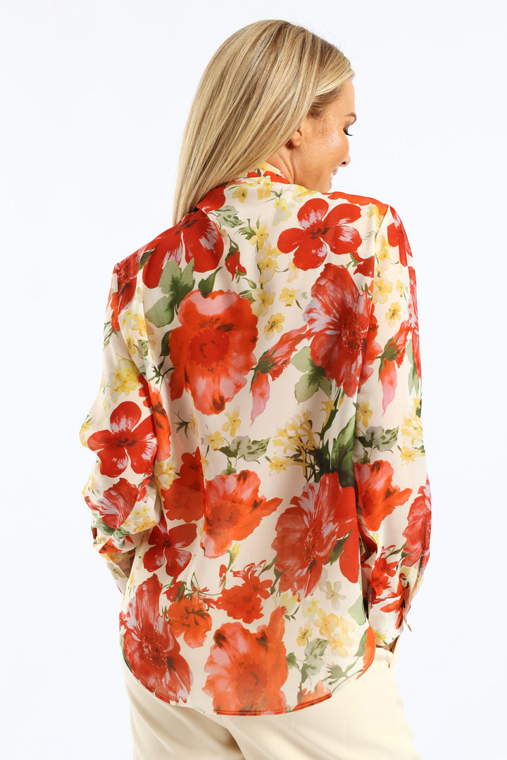 Kitty Bow Bold Floral Blouse - Cream