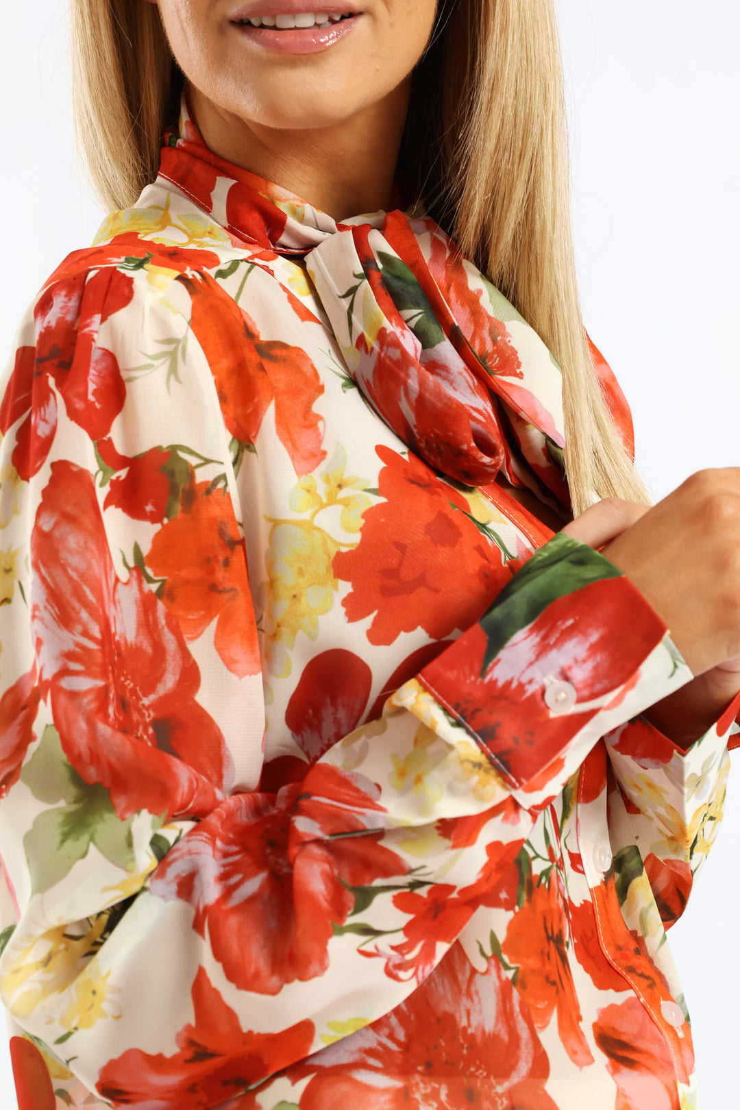 Kitty Bow Bold Floral Blouse - Cream
