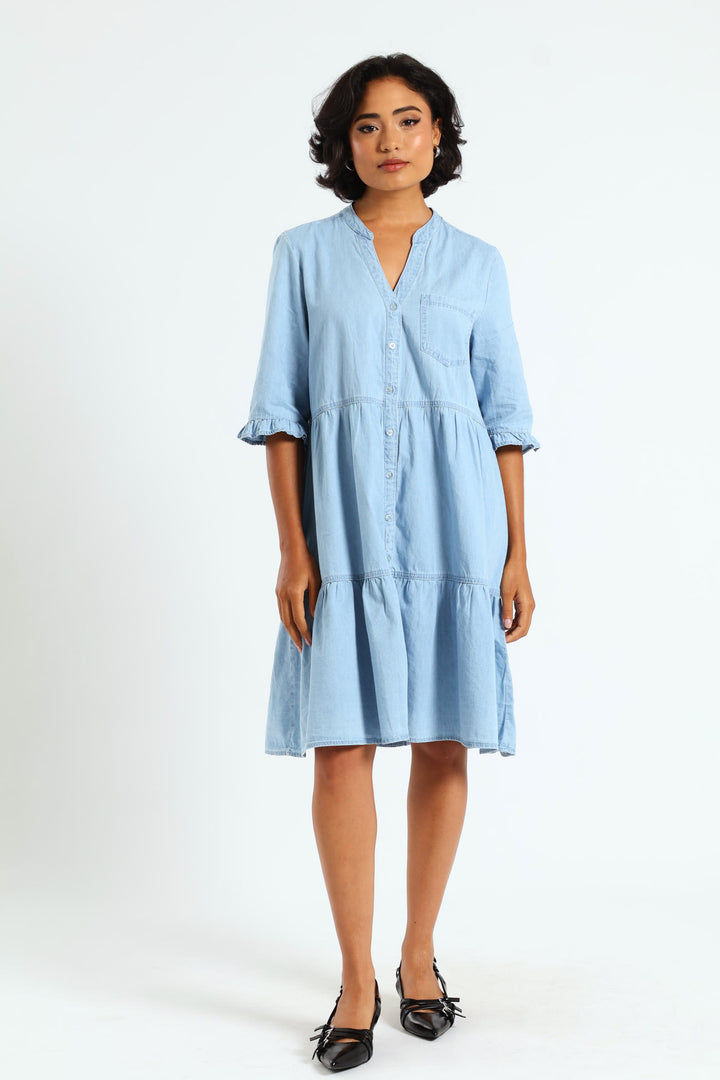 3/4 Sleeve Mandarin Collar Tiered Chambray Mini Dress - Mid Blue