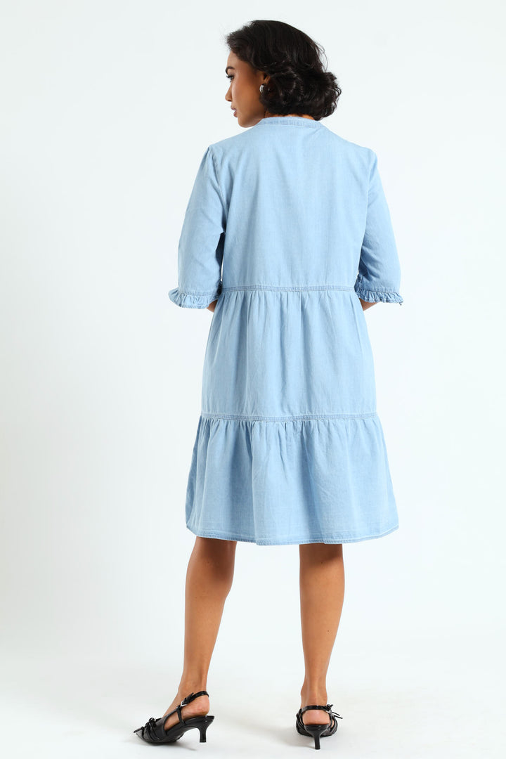 3/4 Sleeve Mandarin Collar Tiered Chambray Mini Dress - Mid Blue