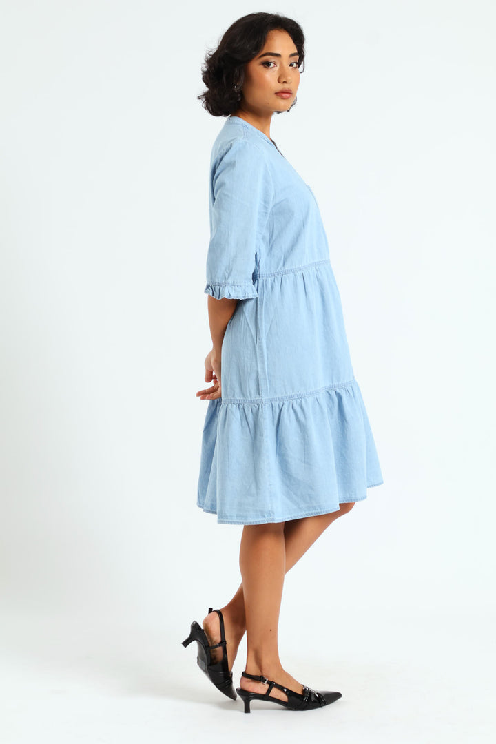3/4 Sleeve Mandarin Collar Tiered Chambray Mini Dress - Mid Blue