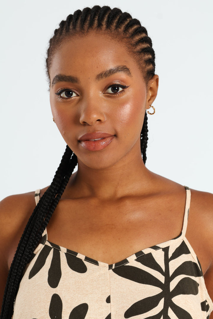 Strappy Double Drawstring Detail Frill Hem Midi Dress - Cream/Black