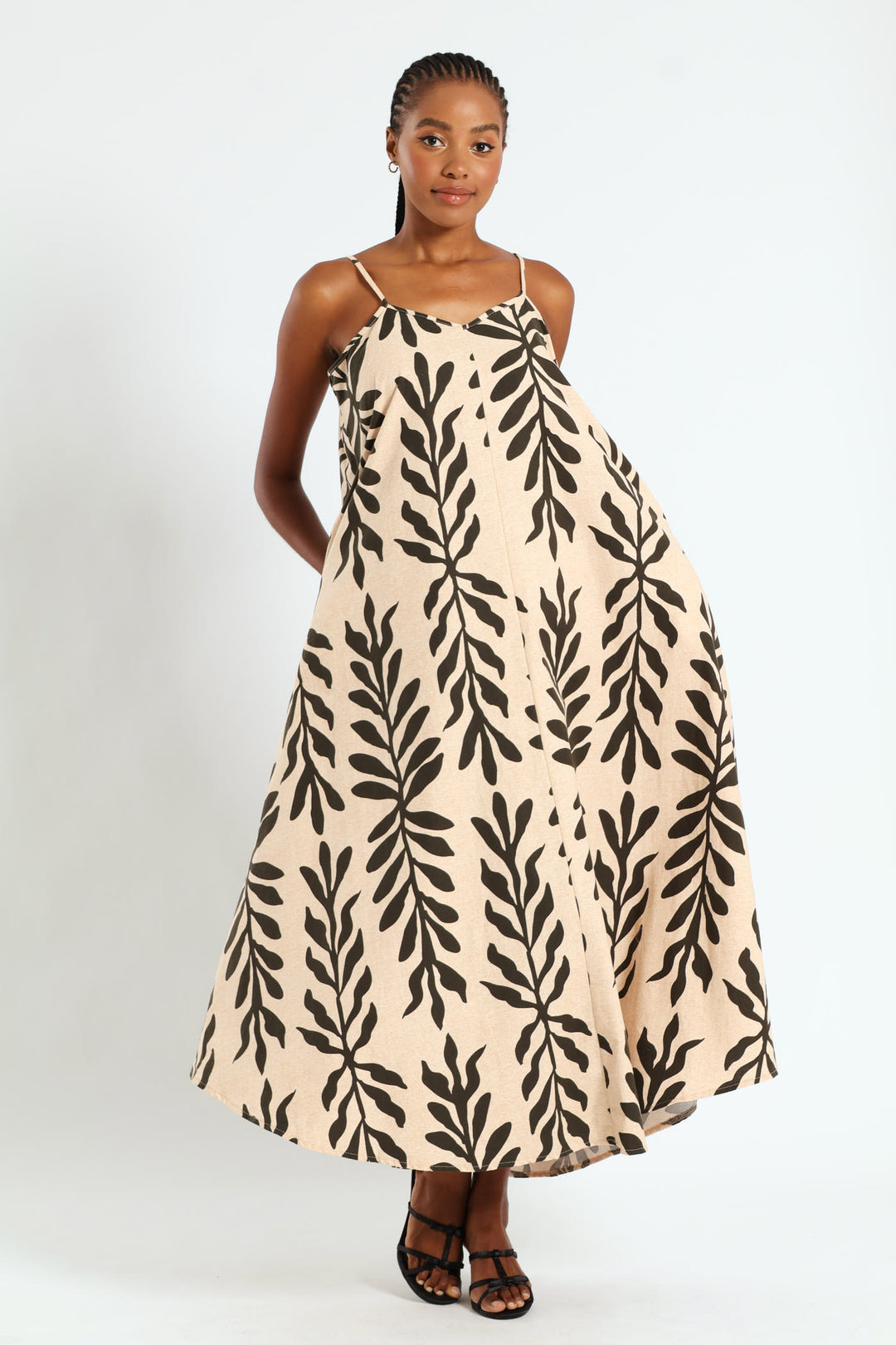 Strappy Double Drawstring Detail Frill Hem Midi Dress - Cream/Black