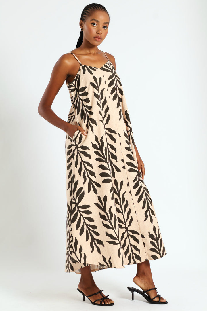 Strappy Double Drawstring Detail Frill Hem Midi Dress - Cream/Black