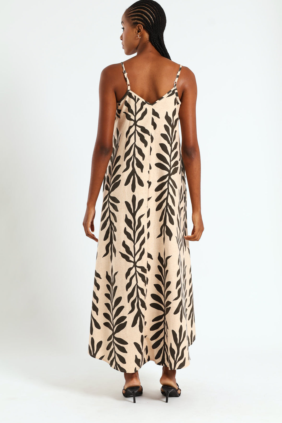 Strappy Double Drawstring Detail Frill Hem Midi Dress - Cream/Black