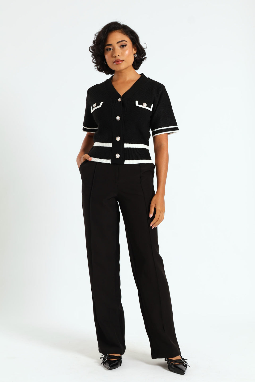 Preppy Contrast Cardigan - Black