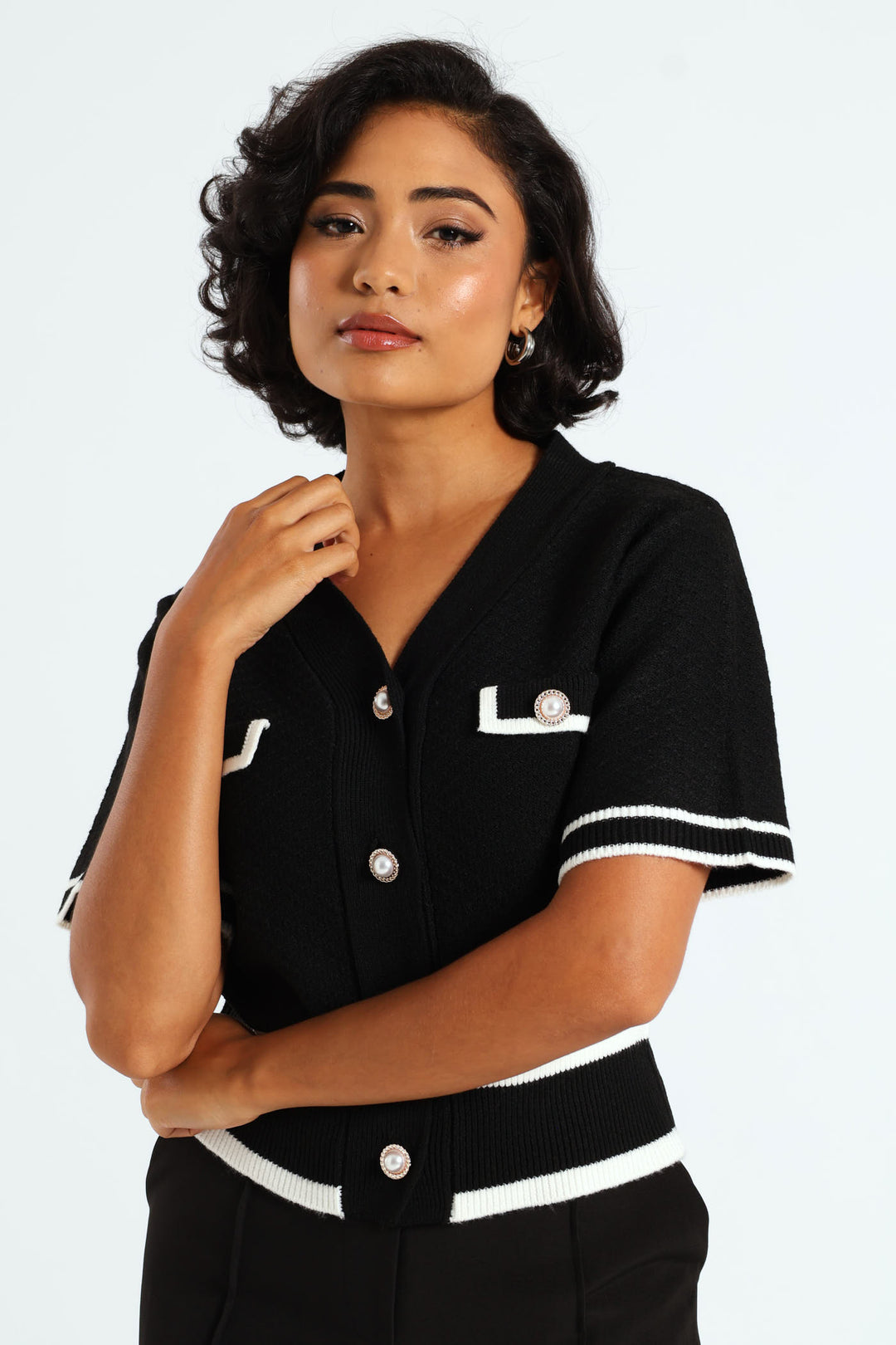 Preppy Contrast Cardigan - Black