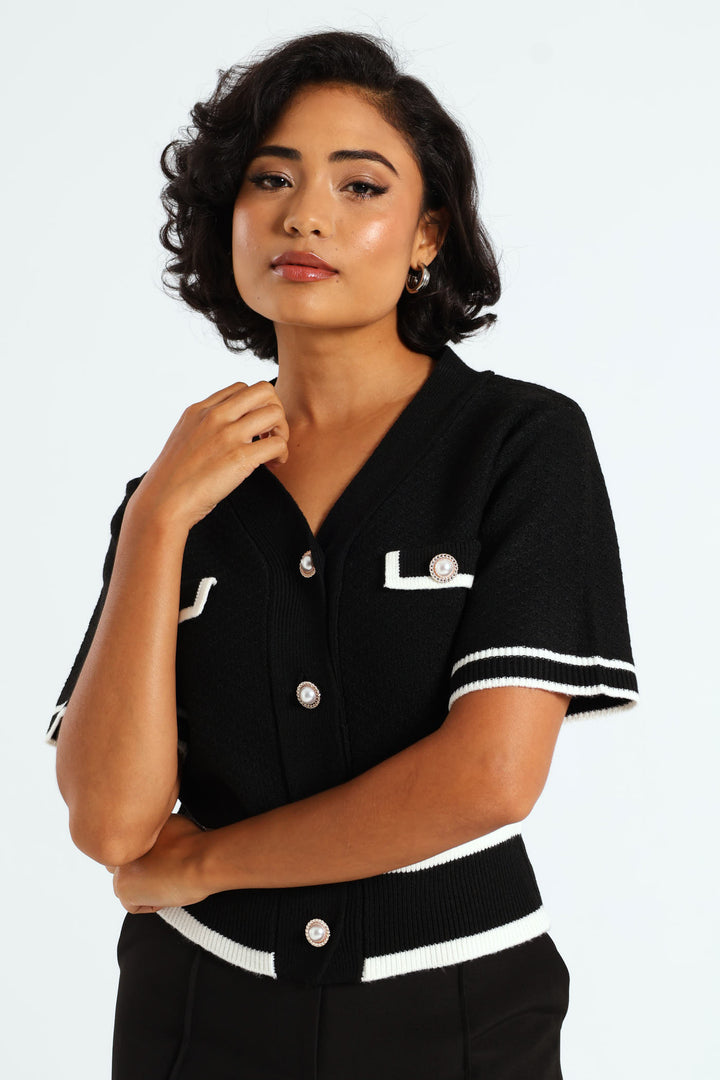 Preppy Contrast Cardigan - Black