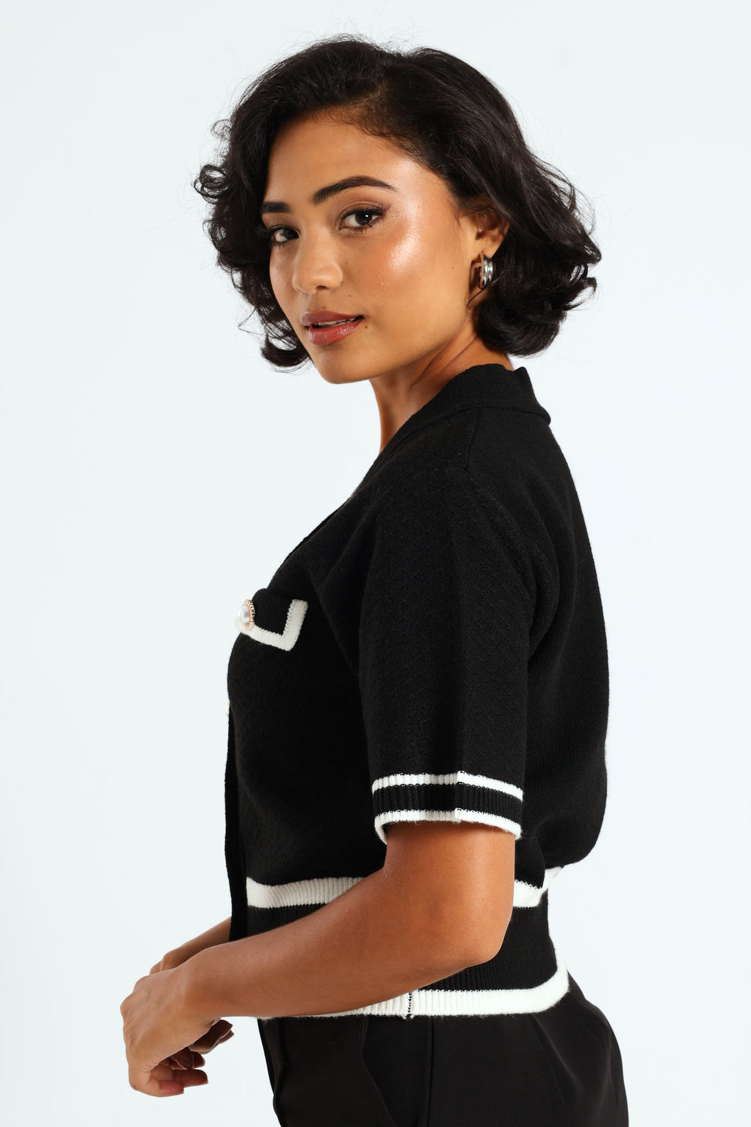 Preppy Contrast Cardigan - Black