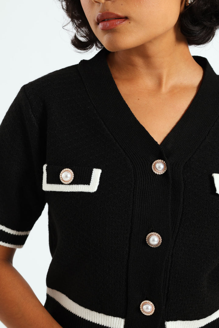 Preppy Contrast Cardigan - Black