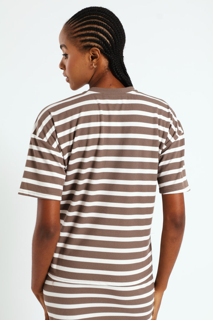 Oversized Striped Rib Boxy Tee - Beige/Mocha