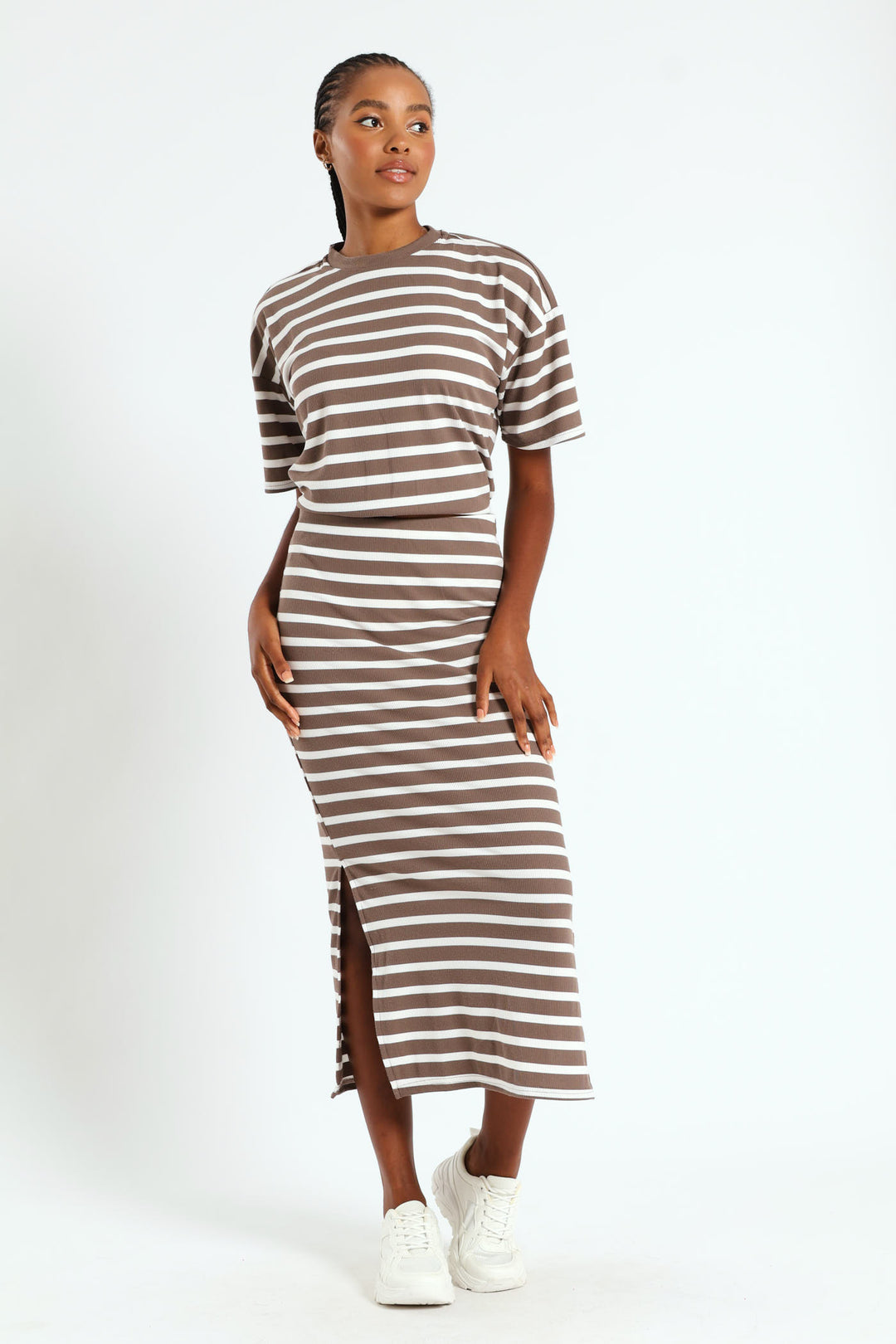 Pull On Ribbed Stripe Tube Midi Skirt - Beige/Mocha