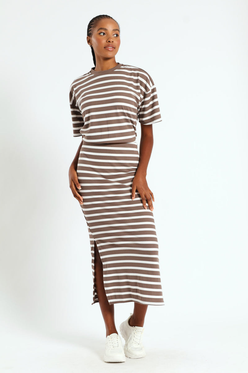Pull On Ribbed Stripe Tube Midi Skirt - Beige/Mocha