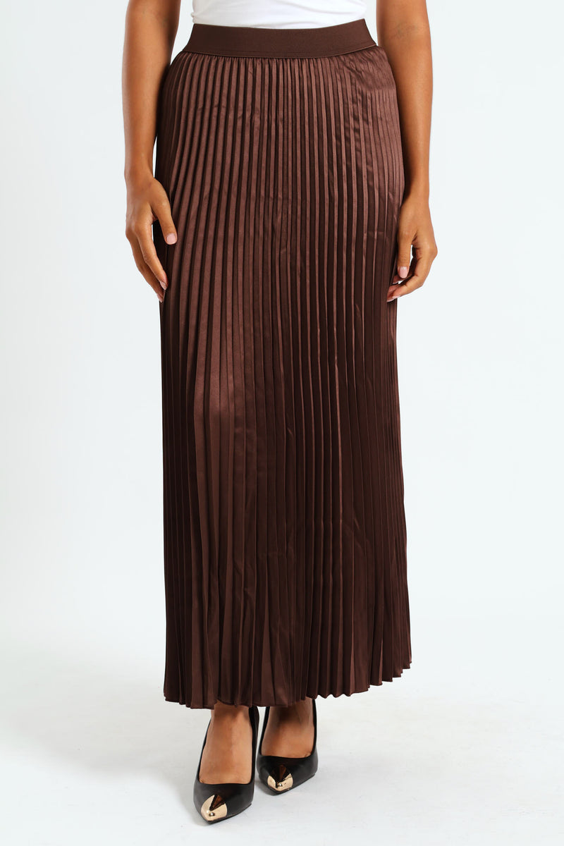 Elasticated Satin Pleated Maxi Skirt - Chocolate
