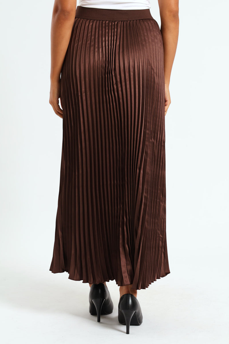 Elasticated Satin Pleated Maxi Skirt - Chocolate