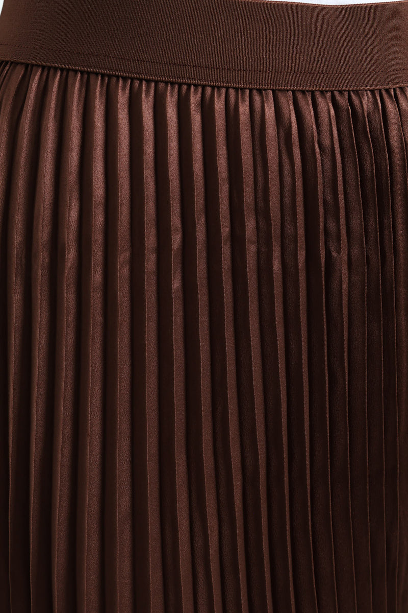 Elasticated Satin Pleated Maxi Skirt - Chocolate