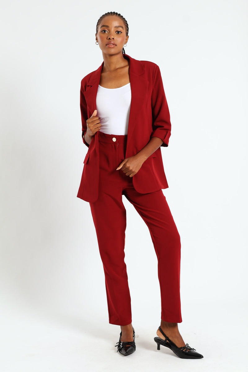Button Slim Leg Pants - Wine