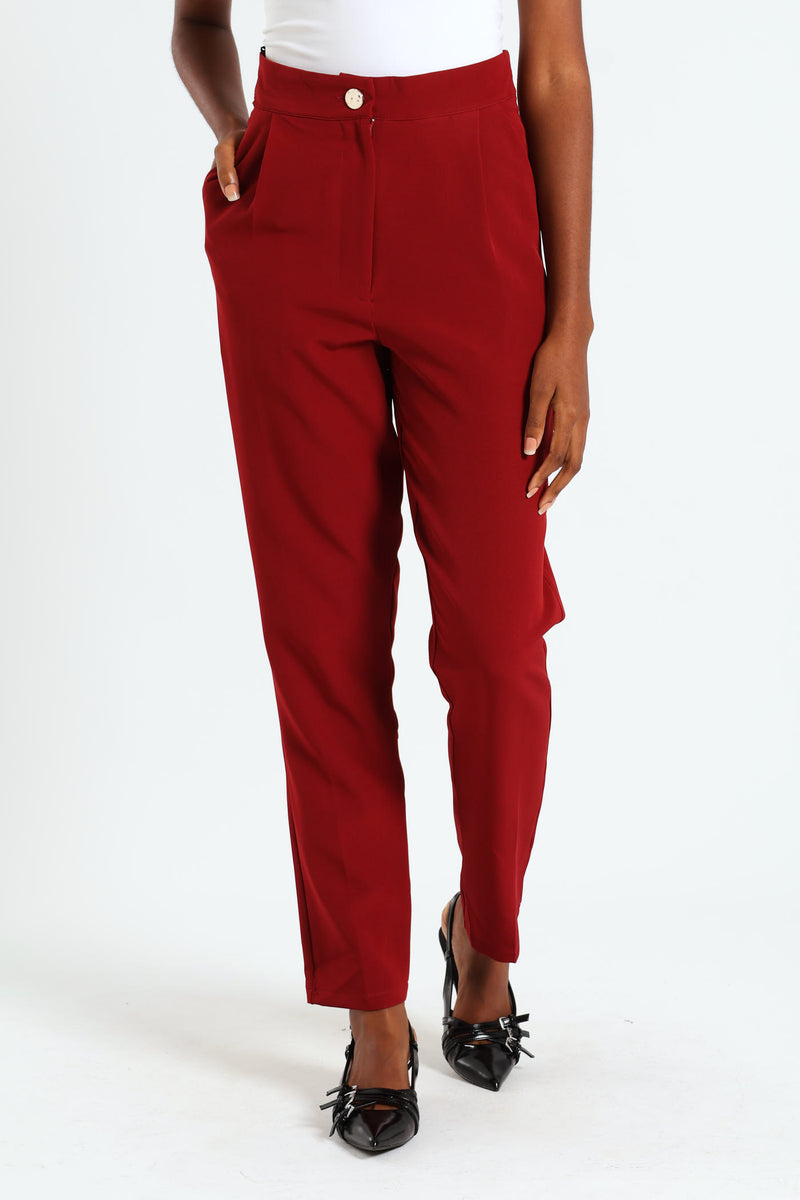 Button Slim Leg Pants - Wine