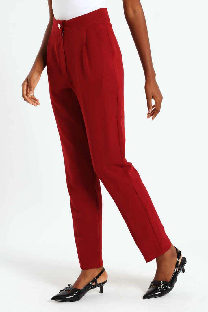 Button Slim Leg Pants - Wine