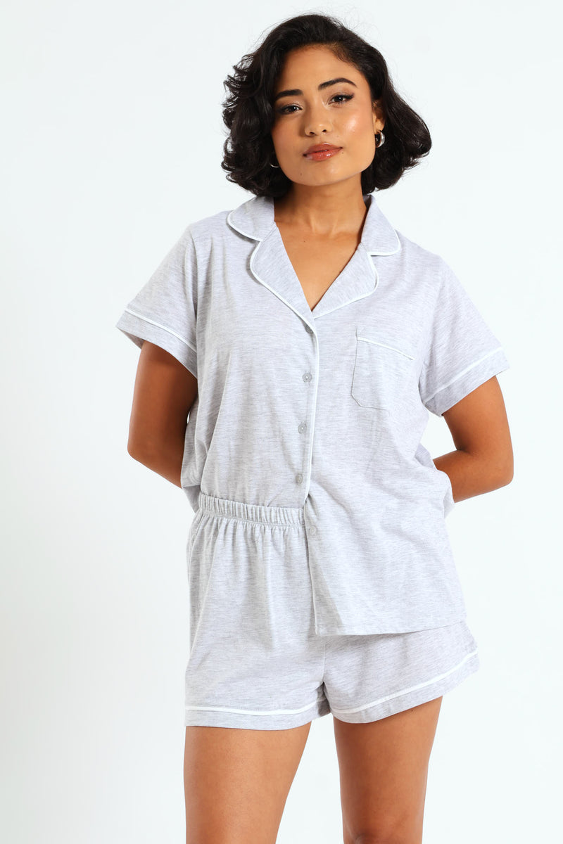 Knit Button Through & Short Set - Grey Melange