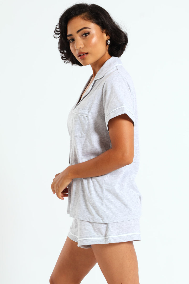 Knit Button Through & Short Set - Grey Melange