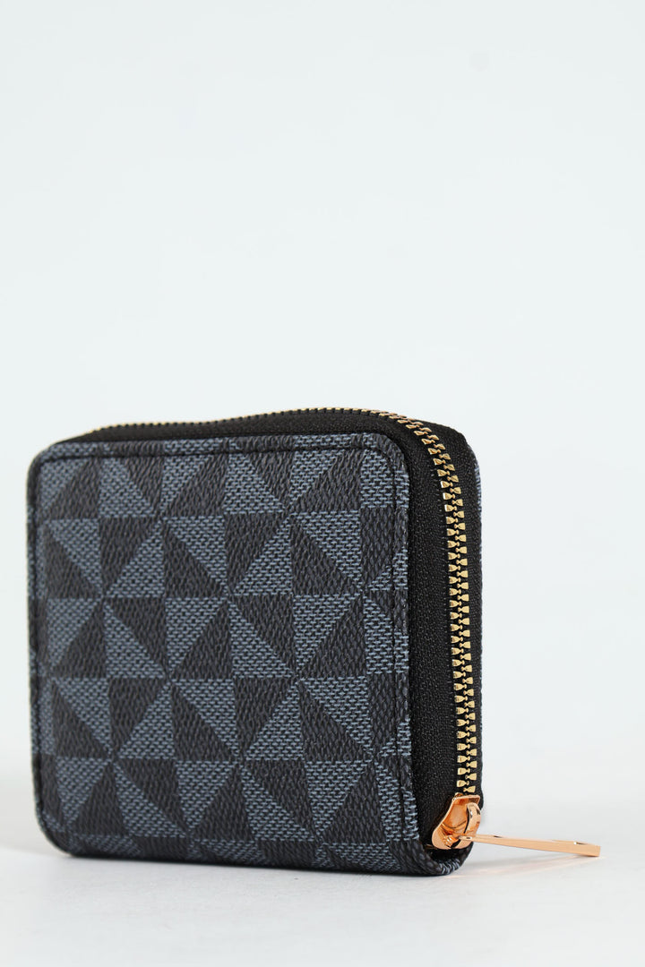 Geo Print Small Zip Around Purse - Black