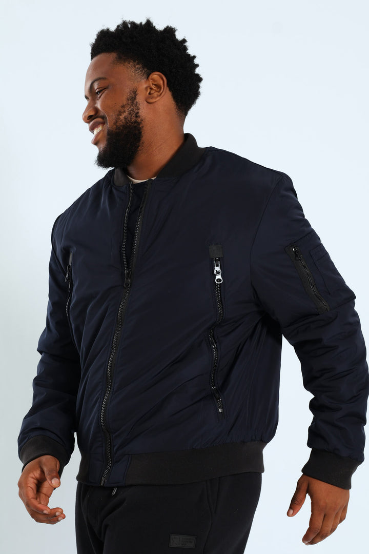 Longer Zip Bomber Jacket - Navy