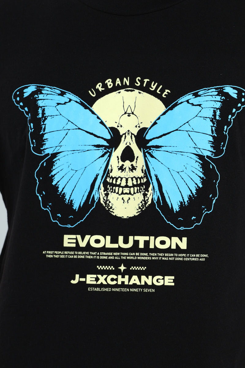 Skull Butterfly Print Tee - Black