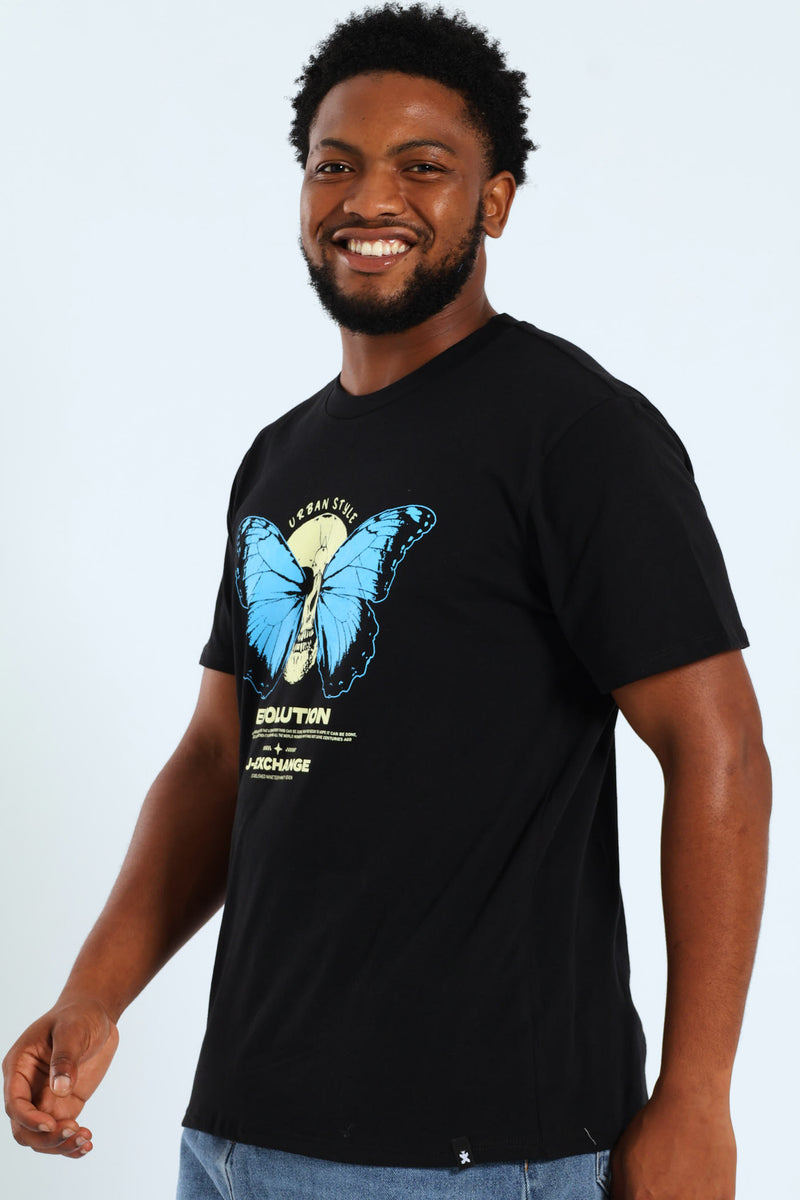 Skull Butterfly Print Tee - Black
