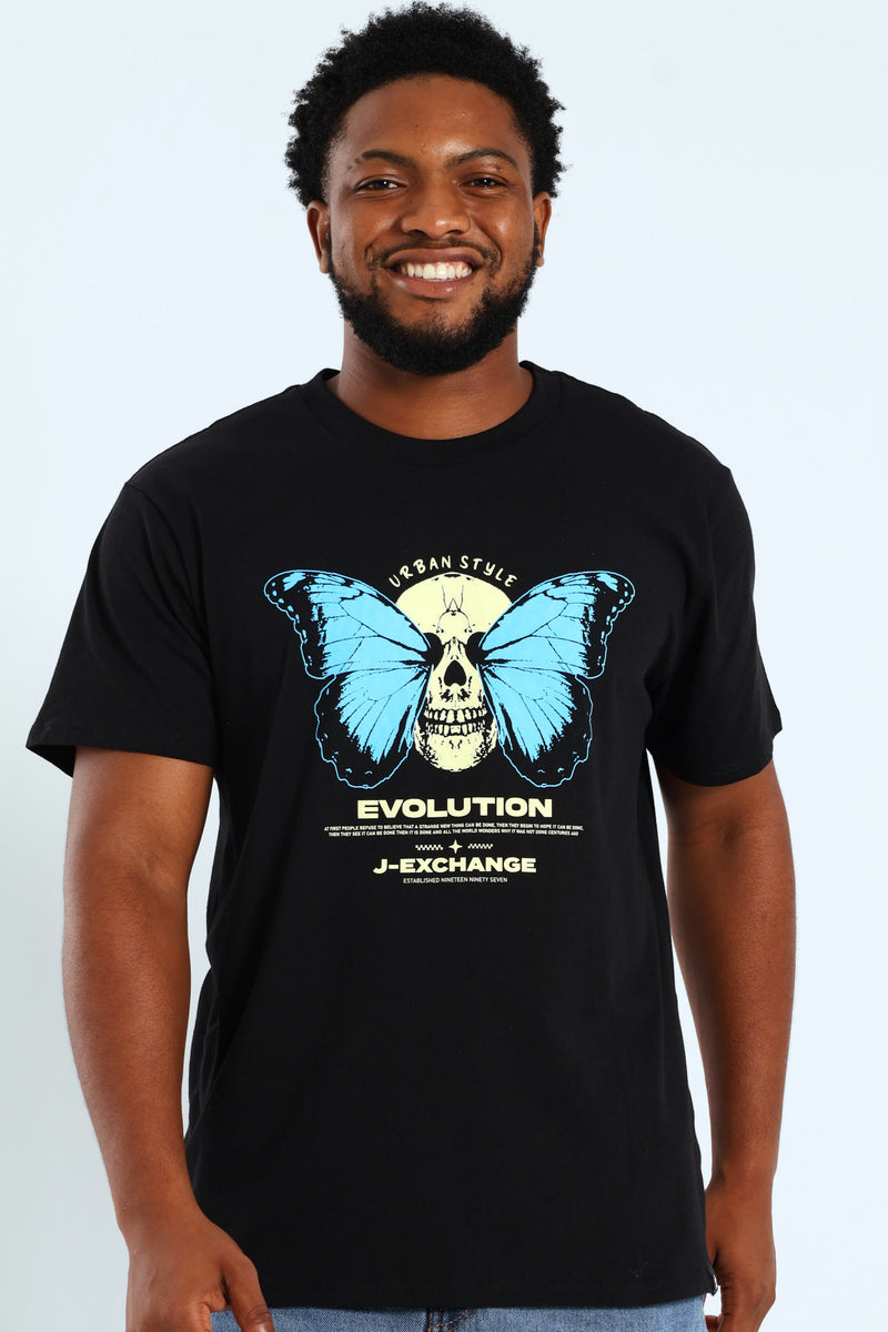 Skull Butterfly Print Tee - Black