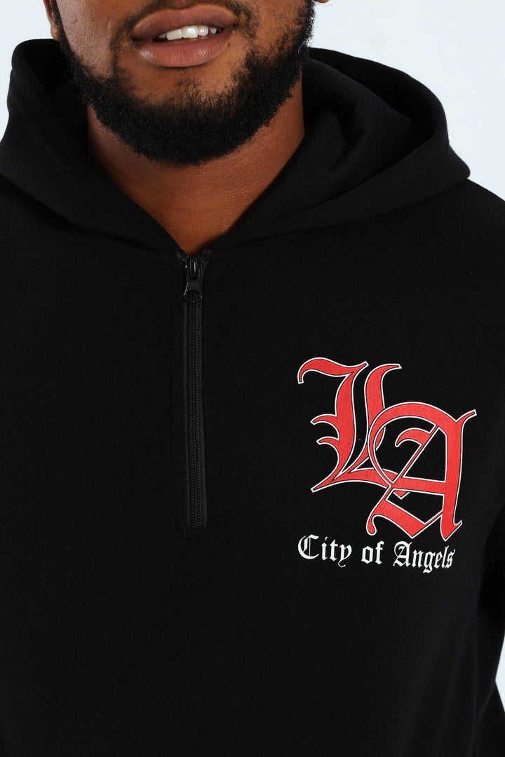 Back Print Zip Detail Hoody - Black