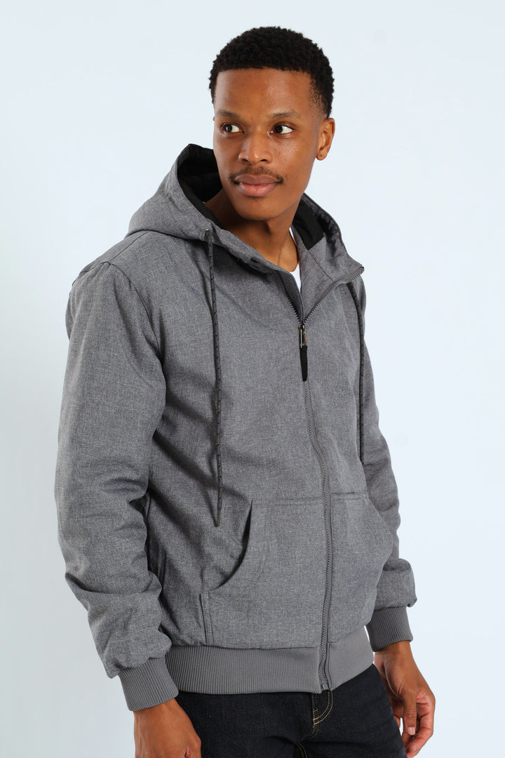 Padded Texture Hood Bomber - Grey