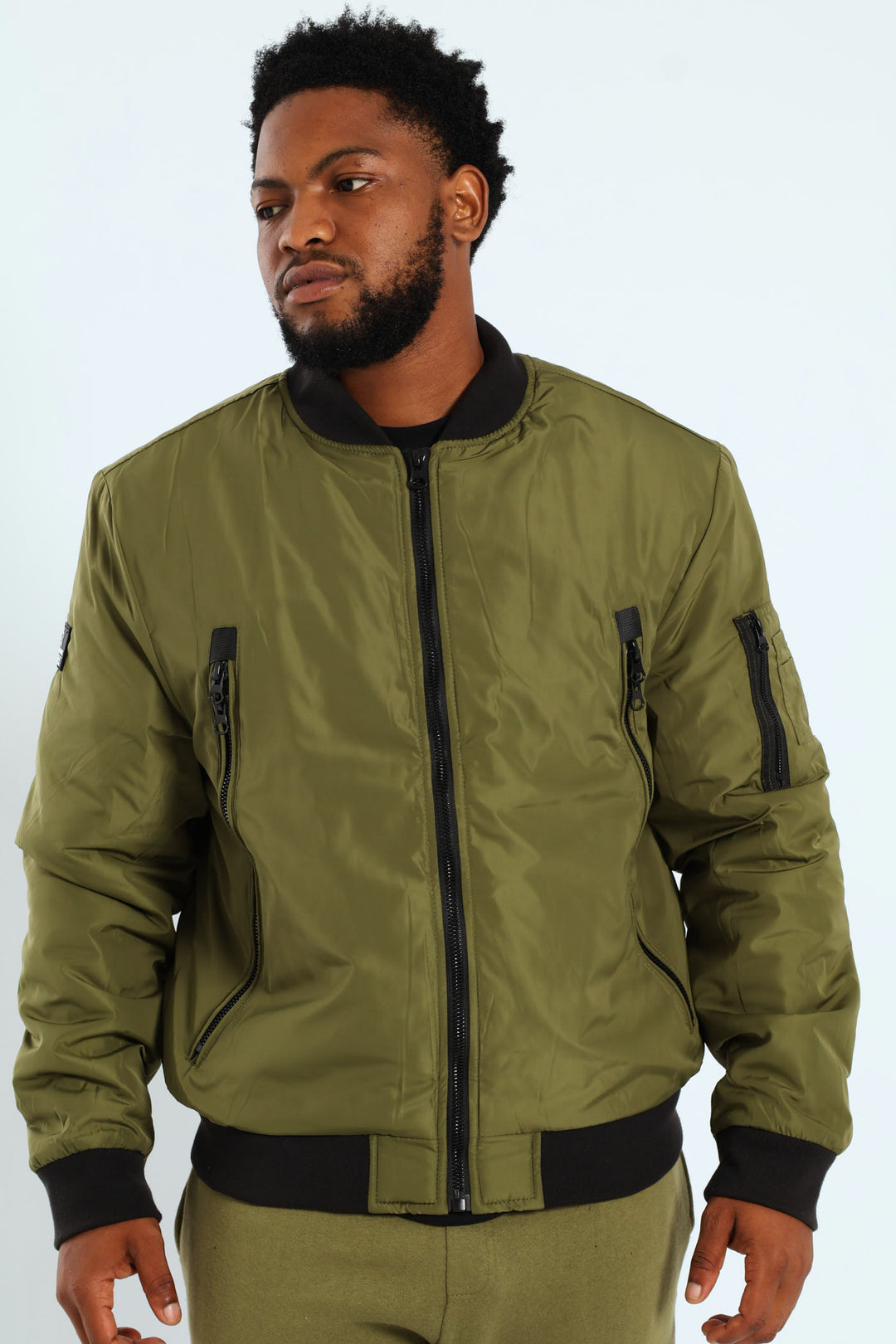 Longer Zip Bomber Jacket - Olive