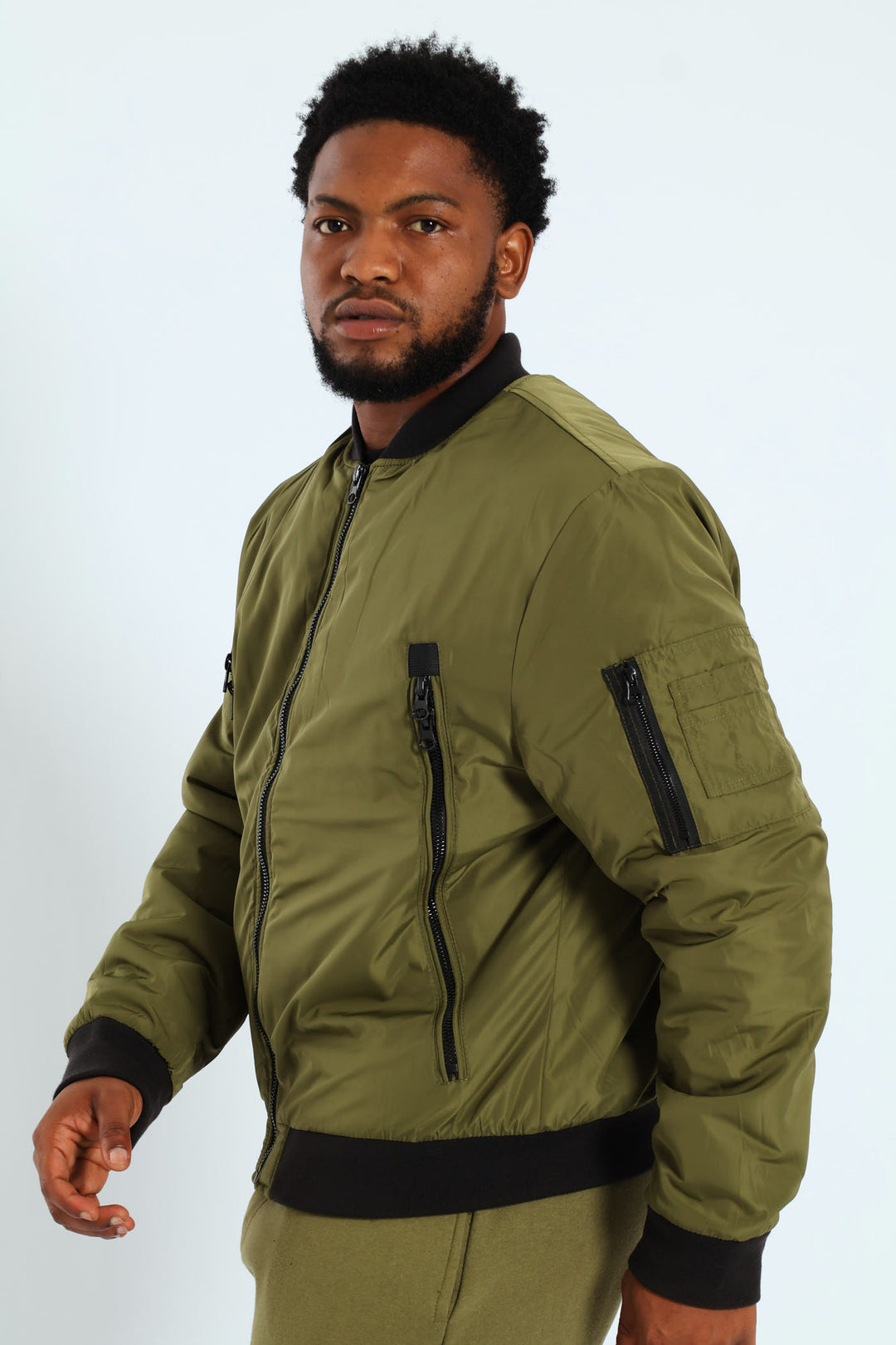 Longer Zip Bomber Jacket - Olive