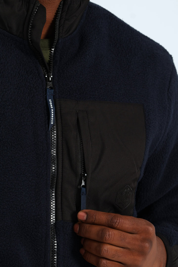 Polar Fleece Nylon Combo Zip Through Jacket - Navy/Black