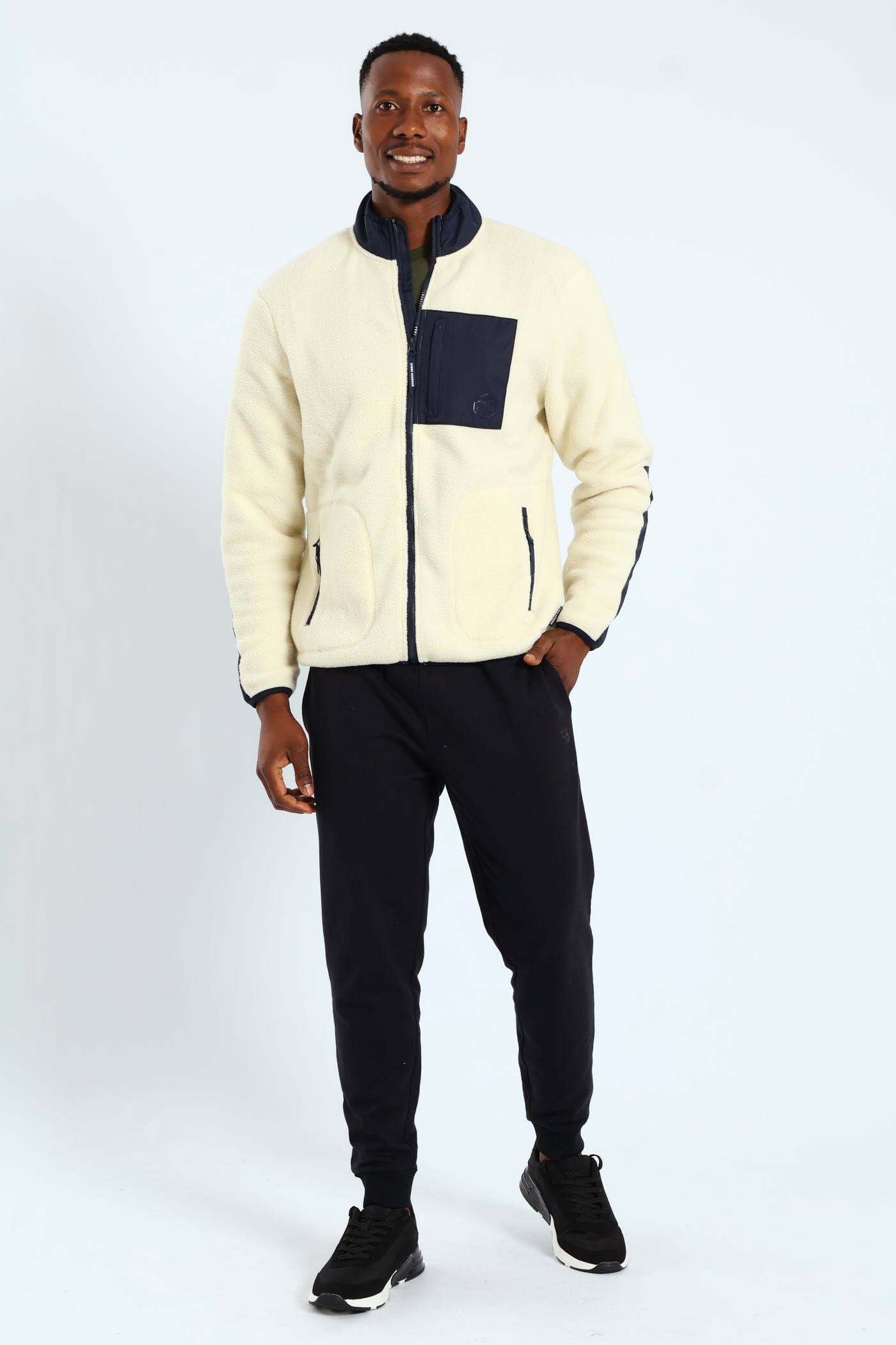 Mens Polar Fleece Nylon Combo Zip Through Jacket - Light Stone