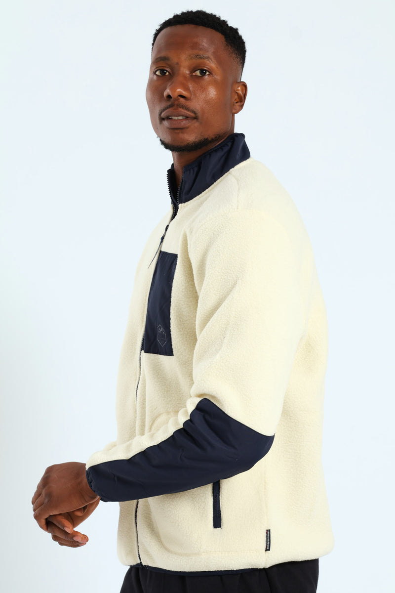 Polar Fleece Nylon Combo Zip Through Jacket - Light Stone/Navy