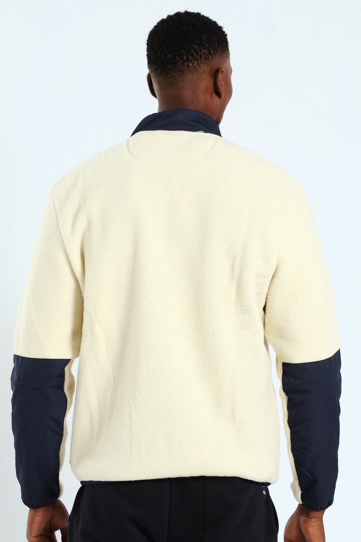 Polar Fleece Nylon Combo Zip Through Jacket - Light Stone/Navy