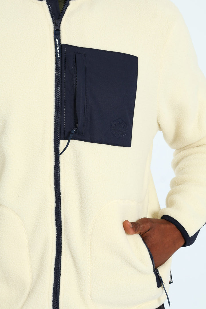 Polar Fleece Nylon Combo Zip Through Jacket - Light Stone/Navy