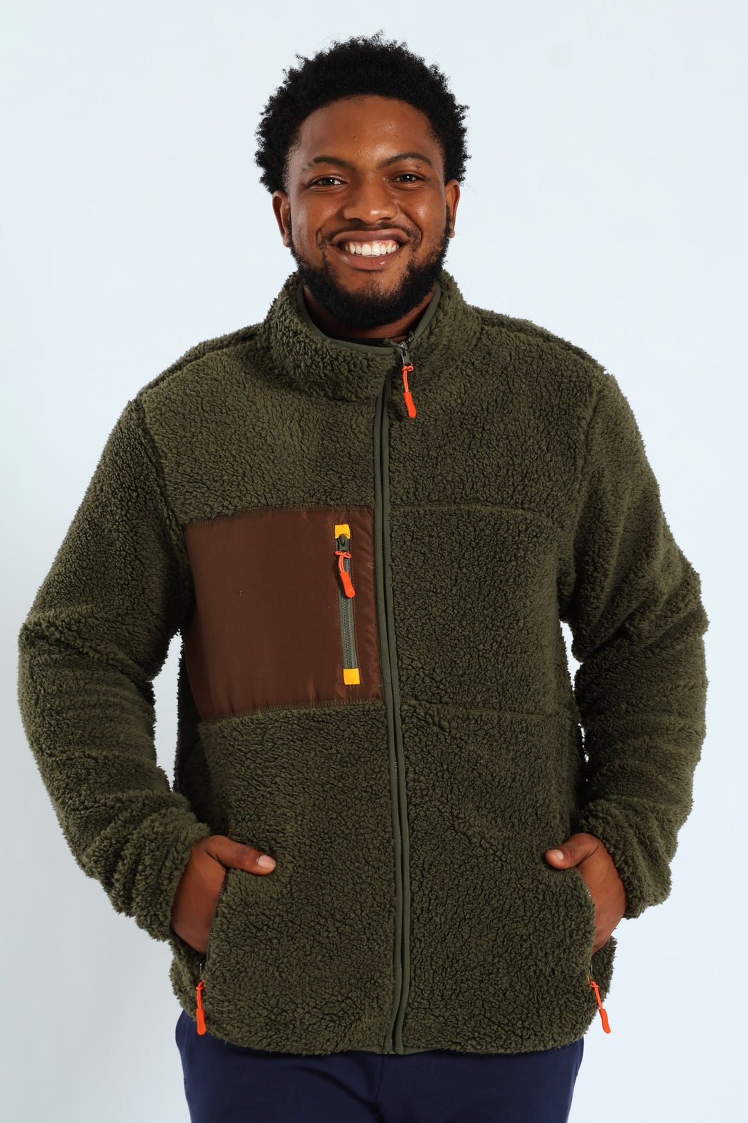 Borg Nylon Zip Through Track Top - Olive