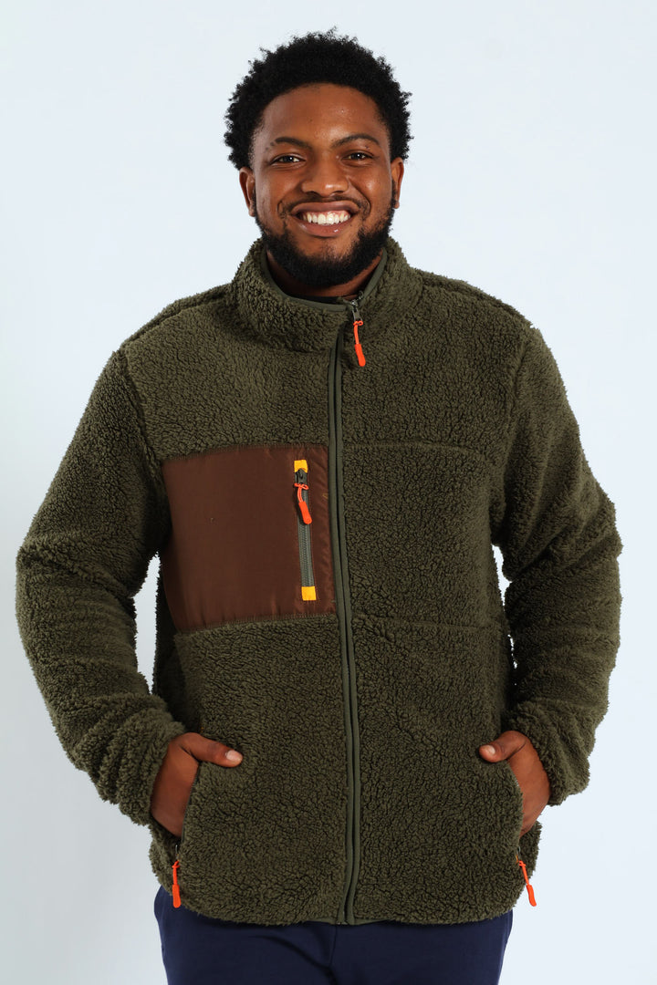 Borg Nylon Zip Through Track Top - Olive